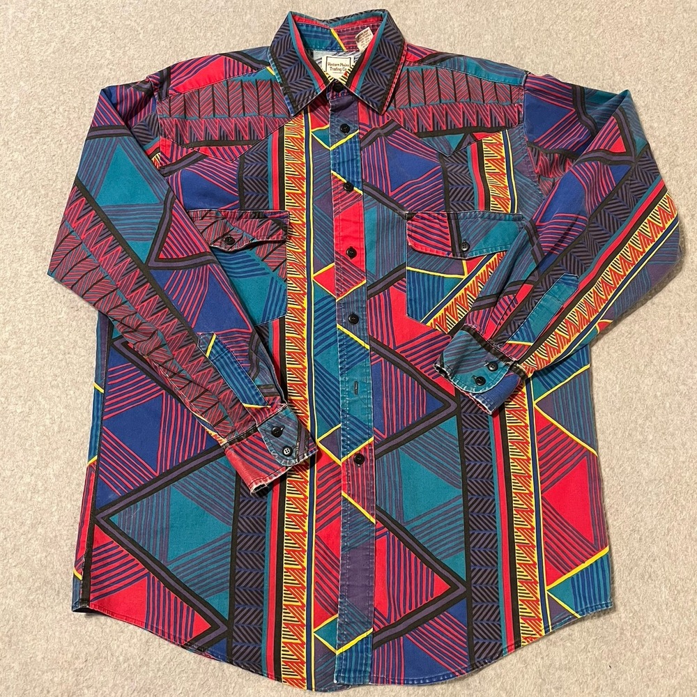 Western Plains Shirt Men's Medium Navajo Aztec Western Yoke Rodeo Ranch Cowboy